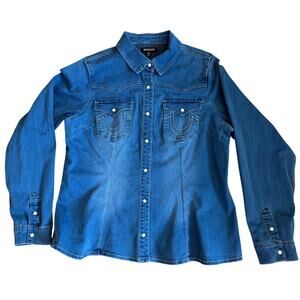 True Religion Women's XL Denim Long Sleeve Pearl Snap Western Embroidered Shirt